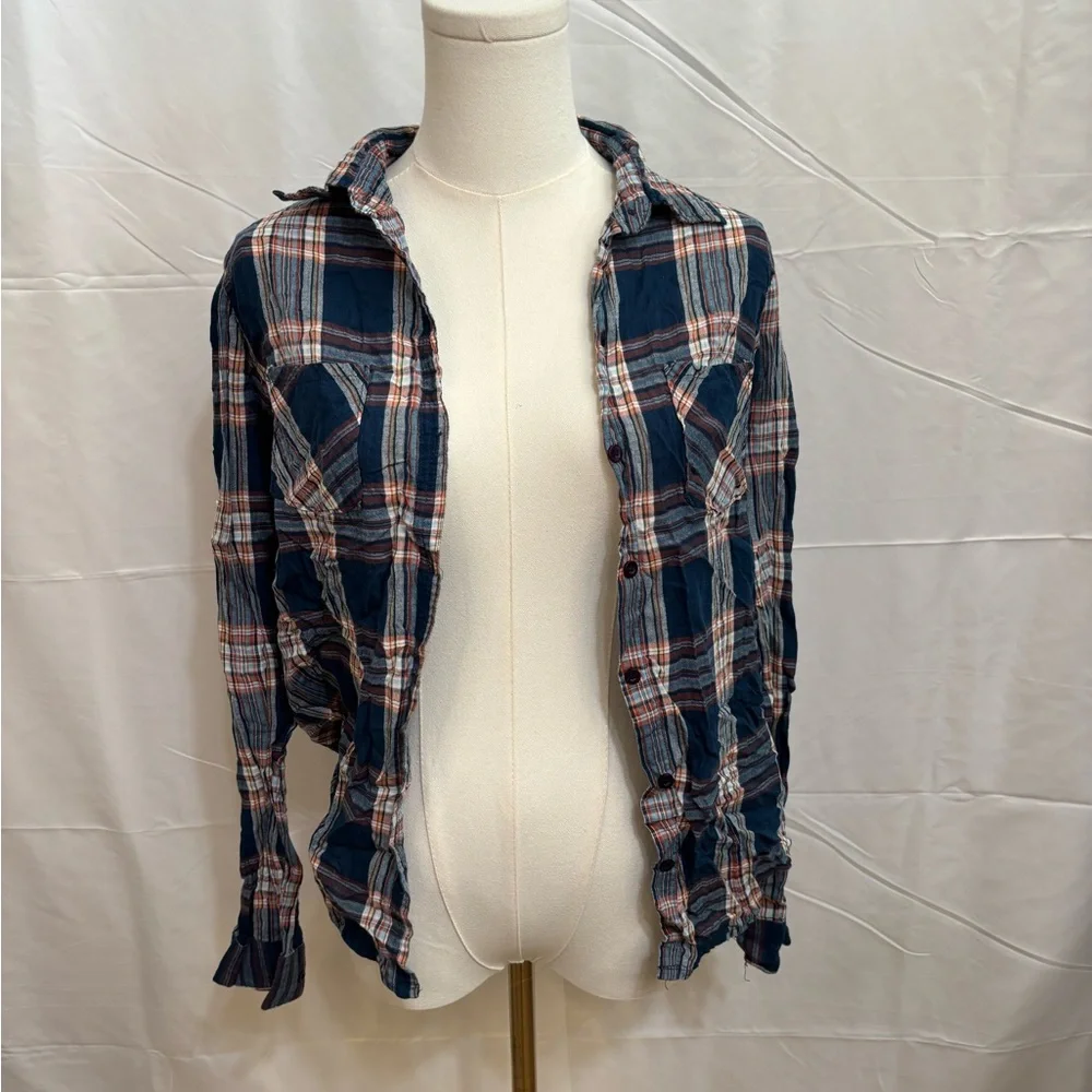 Forever 21 Plaid Button Down Shirt Women’s Medium‎ Blue Orange Lightweight